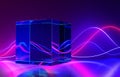 Crystal cube with neon wave light lines on abstract background, refraction effect of laser rays in glass 3d render. Blue Royalty Free Stock Photo