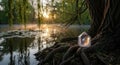 Crystal Cube beside of old tree roots with sunlight shine and the lake reflection in morning Royalty Free Stock Photo