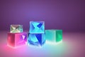 Crystal cubes or blocks with refraction effect of rays in glass. Clear boxes of acrylic or plexiglass, generative ai