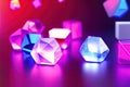 Crystal cubes or blocks with refraction effect of rays in glass. Clear boxes of acrylic or plexiglass with holographic gradient,