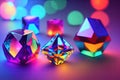 Crystal cubes or blocks with refraction effect of rays in glass. Clear boxes of acrylic or plexiglass with holographic gradient,