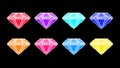 Crystal diamonds pixel icons. Red jewels with blue facets and purple glitter luxurious yellow treasure.