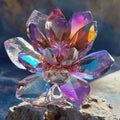 Crystal flower sculpture with refracted light on a bokeh background