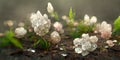 Crystal flowers background. Beautiful close up image with green leaves and colorful gem stone flowers. Generative Ai Royalty Free Stock Photo