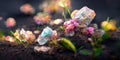 Crystal flowers background. Beautiful close up image with green leaves and colorful gem stone flowers. Generative Ai Royalty Free Stock Photo