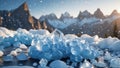 Sparkling Blue Ice Crystals on Snowy Mountain Peak at Sunrise Royalty Free Stock Photo