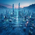 A crystal futuristic city among mountains and ice. Royalty Free Stock Photo