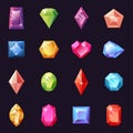 Crystal game precious gems. Ice shiny diamond pieces. Glass stone prism. Emerald and sapphire. Jewel brilliant shapes