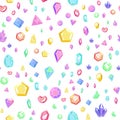 Crystal and gem seamless pattern. Bright texture with crystals and gems, minerals and diamonds. Vector background with