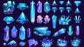 Crystal gems in blue light, mineral stones in jewel-rock color, blue crystal gems, historical gems, neon glowing Royalty Free Stock Photo