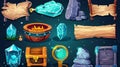 Crystal gems and globes, witches broomsticks, cauldrons, ancient empty scrolls, spell books, stone and wooden panels for Royalty Free Stock Photo