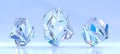 Crystal gems, transparent jewel mineral stone isolated on blue background. Iridescent precious gemstones, diamond