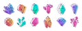 Crystal gemstones. Hand drawn colorful gems, line art crystals flat vector illustration set
