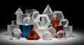 Crystal Geometric Shapes and Forms on White Backdrop with Black Background Artful Arrangement of Translucent Objects Royalty Free Stock Photo