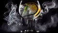 Crystal glass with alcohol and pieces of lemon, ice cubes on the table and smoke. Generative AI