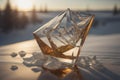 crystal glass on the background of a beautiful sunset. winter landscape. ai generated Royalty Free Stock Photo