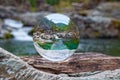 Crystal glass ball sphere reveals nature landscape with macro view
