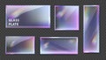 Crystal glass banner refraction and holographic effect isolated on black background. Transparent glass plate with