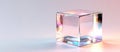 Crystal glass cube with reflection and refraction of light on pale pink background Royalty Free Stock Photo