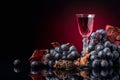 Crystal glass of red wine and grapes with dried vine leaves Royalty Free Stock Photo