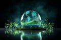 Crystal glass sphere with green tree inside on light green forest background. Generative AI Royalty Free Stock Photo