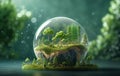 Crystal glass sphere with green tree inside on light green forest background. Generative AI Royalty Free Stock Photo