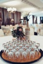 Crystal glasses on a table in restaurant