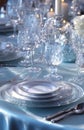 Crystal Glassware and Candles on Ice Blue Formal Dinner Table Royalty Free Stock Photo