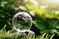 crystal globe glass resting on stone with green leaf and sunshine in nature forset. eco  environment concept Royalty Free Stock Photo