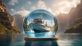 crystal globe in the lake A white sport fishing boat beautiful landscape inside glass ball