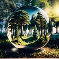 Crystal globe on moss in a forest - environment concept. Generative AI Royalty Free Stock Photo