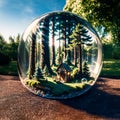 Crystal globe on moss in a forest - environment concept. Generative AI Royalty Free Stock Photo