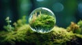 Crystal globe placed on moss. ESG icon. Concept for environment. Society and Governance sustainable global environment