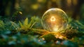 A crystal globe with a recycle symbol, nestled in green moss and bathed in warm sunlight Royalty Free Stock Photo