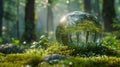 A crystal globe rests on moss in a forest - concept of the environment Royalty Free Stock Photo