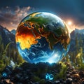 Crystal globe sphere illustration of a planet in the middle of nature. Concept alluding to the future of planet Earth due to the