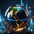 Crystal globe sphere illustration of a planet on the rocks. Concept alluding to the future of planet Earth due to the impact of Royalty Free Stock Photo