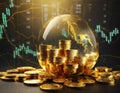 A crystal globe on stacked coins against a financial chart backdrop, symbolizing global economic expansion Royalty Free Stock Photo