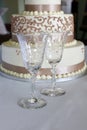 Crystal Goblets and Wedding Cake Royalty Free Stock Photo