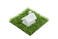 Crystal house on square of green grass field