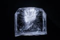 Crystal ice cubes reflection on black background. Close up natural ice block on dark backdrop Royalty Free Stock Photo