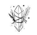 Crystal icon with branches and stars, line hand drawing, bohemian tattoo for witch, gem, sketch boho illustration