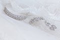 Crystal jewellery: earrings, hairpin, diadem on a white wedding background. Royalty Free Stock Photo