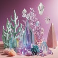 Crystal landscape display on tabletop. Created using ai generative.