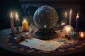 Crystal magic ball and burning candles on wooden table at night. Fortune telling and reading future. Astrology horoscope