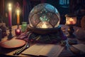 Crystal magic ball and burning candles on wooden table at night. Fortune telling and reading future. Astrology horoscope