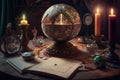 Crystal magic ball and burning candles on wooden table at night. Fortune telling and reading future. Astrology horoscope