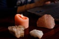 Crystal minerals, candles for relaxation, meditation. Rock crystal, fluorite, citrine. Crystal Ritual, Witchcraft