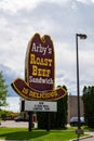 Classic cowboy hat old-school style Arby`s Roast Beef sign for the fast food restaurant.