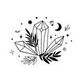 Crystal moon drawing. Cute astrology crystals, stars leaves. Mystical tshirt print. Magic celestial black isolated Royalty Free Stock Photo